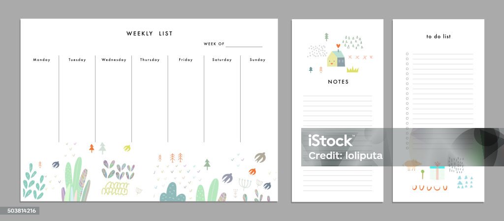 Weekly Planner Template. Organizer and Schedule Weekly Planner Template. Organizer and Schedule with Notes and To Do List. Vector. Isolated Personal Organizer stock vector