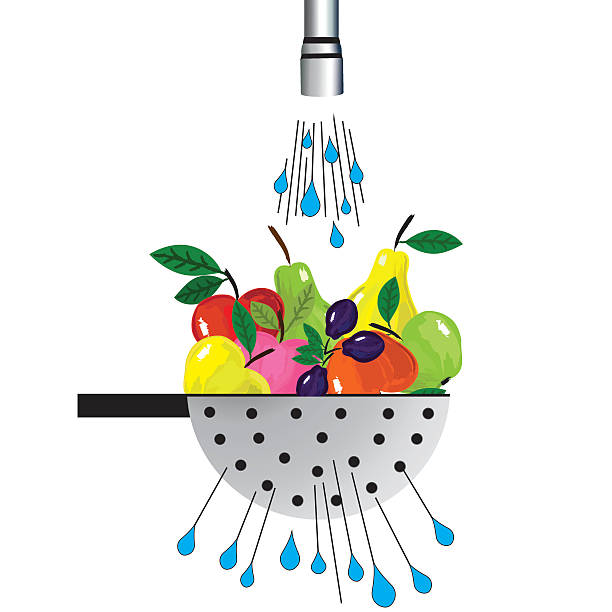 metall salatsieb und obst. illustration von salatsieb mit frucht unter wasser - water white background splashing ideas stock-grafiken, -clipart, -cartoons und -symbole