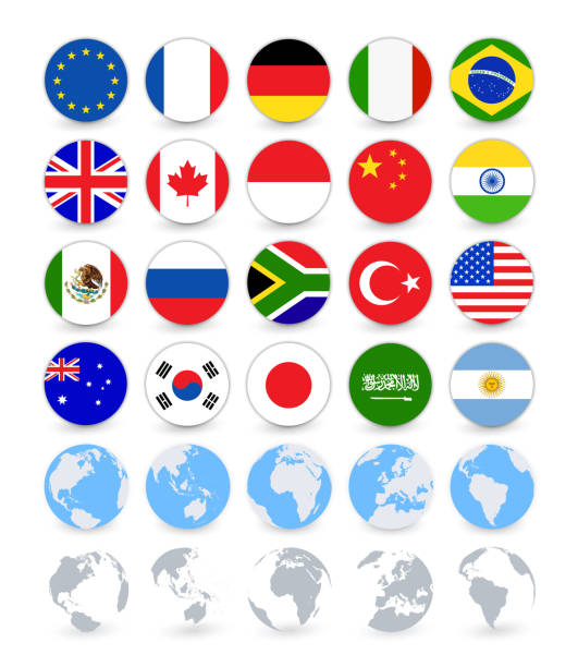 G20 country flags flat web buttons with globes G20 country flags flat web buttons with globes. Vector flag set. latin american flags stock illustrations