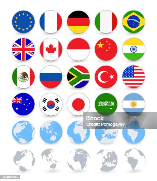 G20 Country Flags Flat Web Buttons With Globes Stock Illustration - Download Image Now - Circle, South African Flag, Icon Symbol