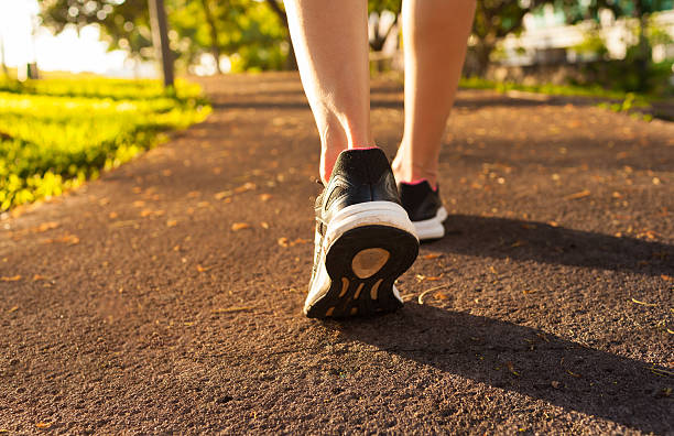 frau zu fuß auf einem pfad - human foot running jogging human leg stock-fotos und bilder