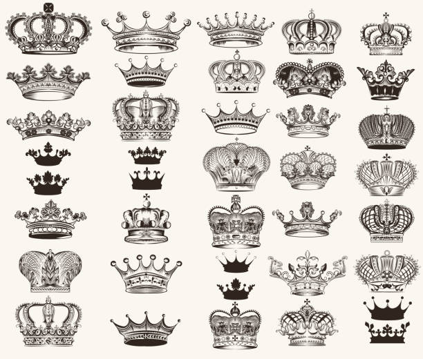 Set of vector high detailed crowns for design Mega collection or set of vector high detailed crowns for design crown headwear stock illustrations