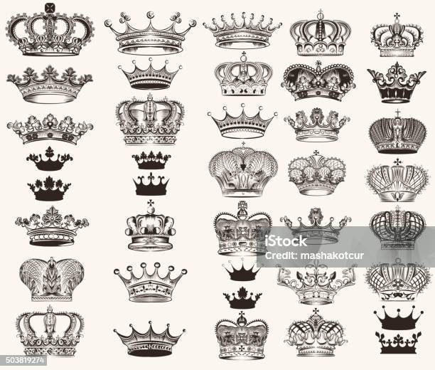 Set Of Vector High Detailed Crowns For Design Stock Illustration - Download Image Now - Crown - Headwear, Illustration, King - Royal Person