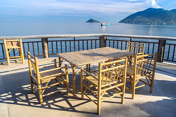 istock Wooden table in sea seaside restuarant 503833449