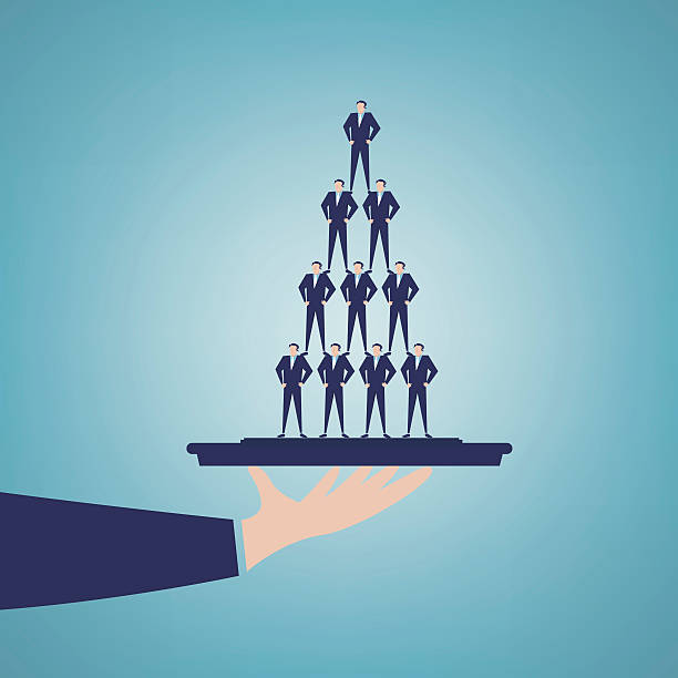 Businessmen assembled into a pyramid shape in the tray vector art illustration