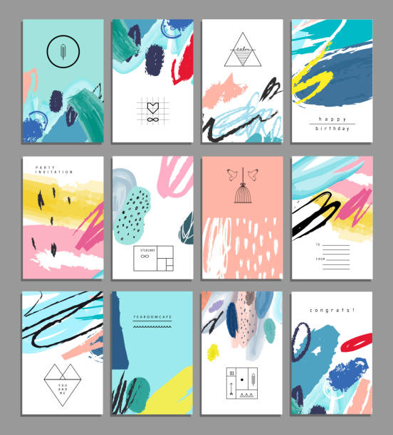 Set of artistic creative universal cards. Hand Drawn textures. vector art illustration