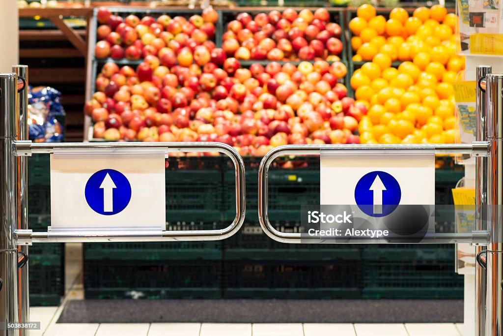 supermarket entrance with background of fruits baskets food Supermarket Stock Photo