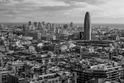 A black and white photograph of Brussels (Belgium) from a bird's eye view.