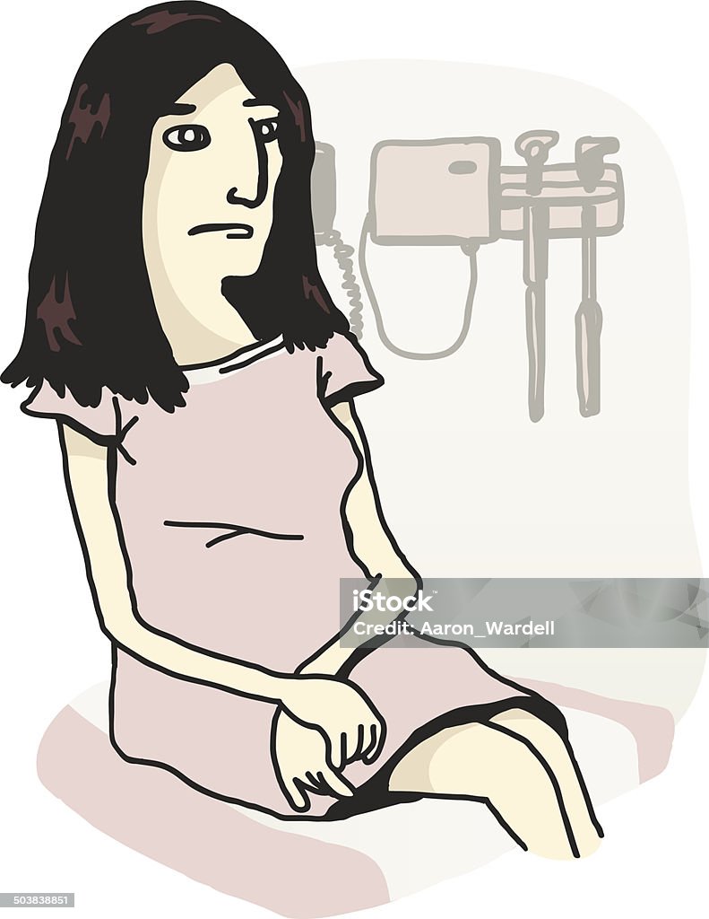 Patient Female Patient A woman dressed in a hospital gown waits patiently in an examining room. Adult stock vector