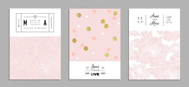 Vector illustration of Collection of romantic invitations with gold glitter texture.