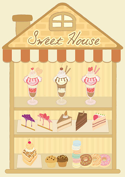 sweet house Vector drawing dessert products  in the sweet house.Dessert so sweet and them decoration in the cute bakery shop. whip cream dollop stock illustrations