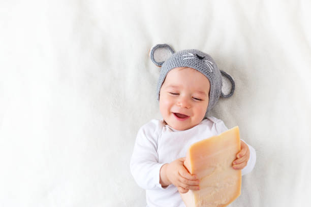 Baby boy in mouse hat lying on blanket with cheese Baby boy in mouse hat lying on blanket with big piece of cheese baby mice stock pictures, royalty-free photos & images