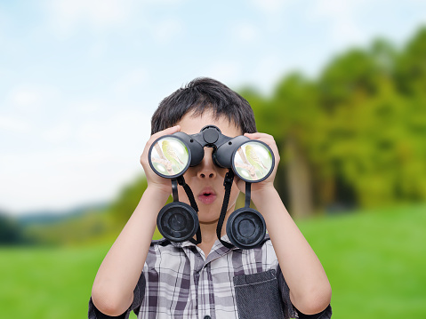 Young Asian boy looking birds by binoculars in forest