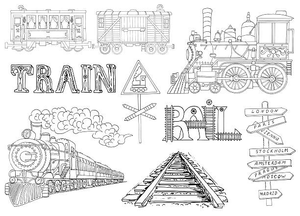 zestaw vintage z systemami stary lokomotywy, wagony towarowe i samochody - engraved image gear old fashioned machine part stock illustrations