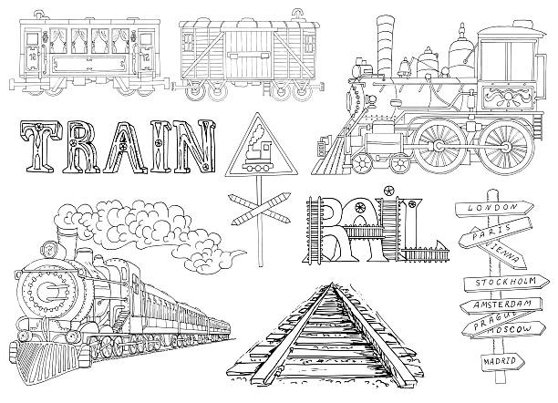 Black and white set with vintage locomotives and old train theme details. Doodle line art illustrations with hand drawn design elements