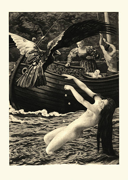 Vintage engraving by E R Hughes from The Nights of Straparola. Collection of 75 stories by Italian author and fairy tale collector Giovanni Francesco Straparola. Modeled after Boccaccio's Decameron, it is significant as often being called the first European storybook to contain fairy-tales. Third Night, Fourth Fable, The Siren