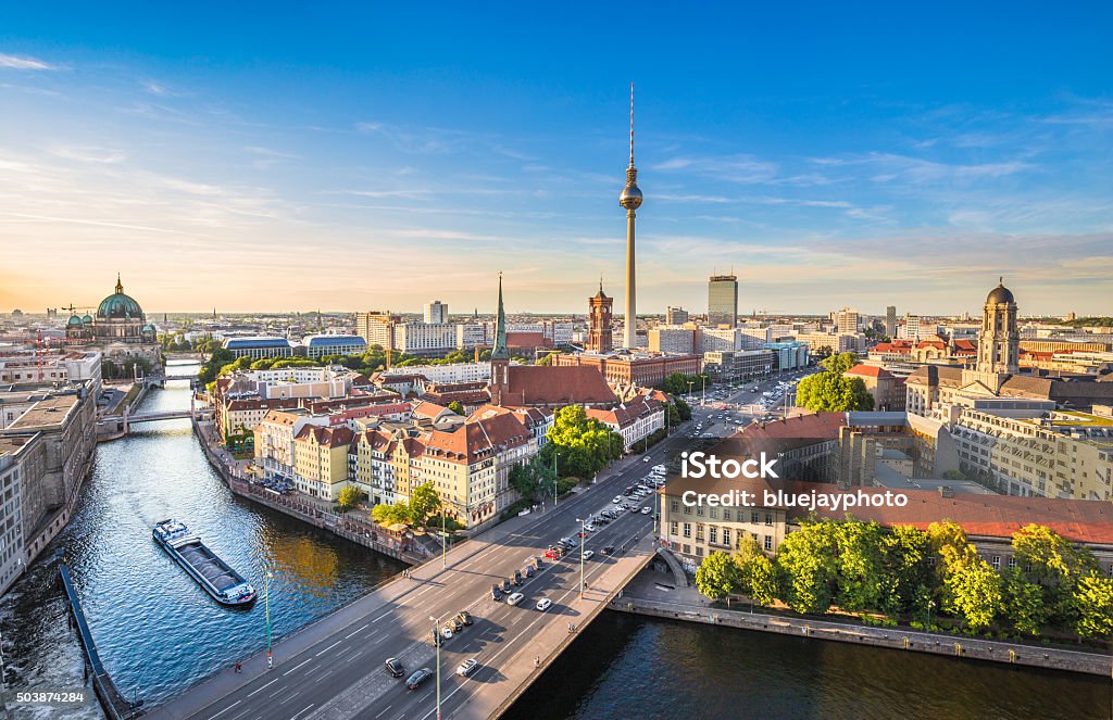Berlin skyline with Spree river at sunset, Germany Aerial view of Berlin skyline with famous TV tower and Spree river in beautiful evening light at sunset, Germany. Berlin Stock Photo