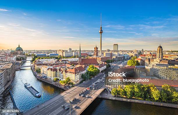 Berlin Skyline With Spree River At Sunset Germany Stock Photo - Download Image Now - Berlin, Germany, Europe