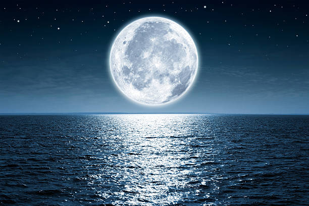 Full moon Full moon rising over empty ocean at night with copy space moon surface stock pictures, royalty-free photos & images