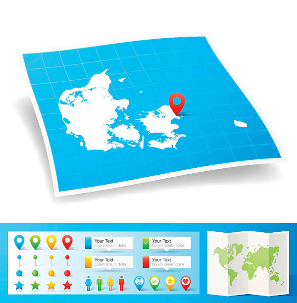 ilustraciones, imágenes clip art, dibujos animados e iconos de stock de dinamarca mapa con pasadores de ubicación aislado sobre fondo blanco - denmark map copenhagen cartography