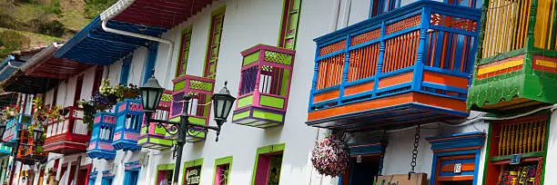 Colorful house front with balcony in Salento, Colombia