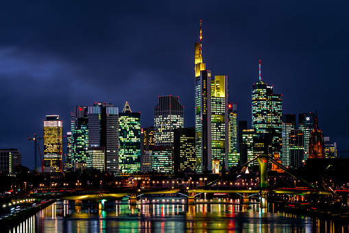 Skyline at Frankfurt am Main, Hesse, Germany taken just after dark while the office lights were all still lit up.