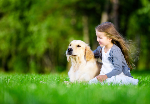 Little girl sitting on the grass with dog in the summer park