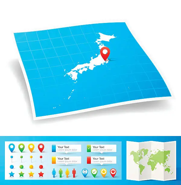 Vector illustration of Japan Map with location pins isolated on white Background