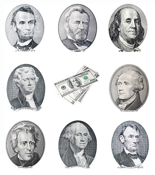 nous l'argent. dead président portraits - us currency one hundred dollar bill isolated on white dollar photos et images de collection