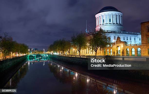 Dublin River Liffey And Court House Illuminater At Night Stock Photo - Download Image Now