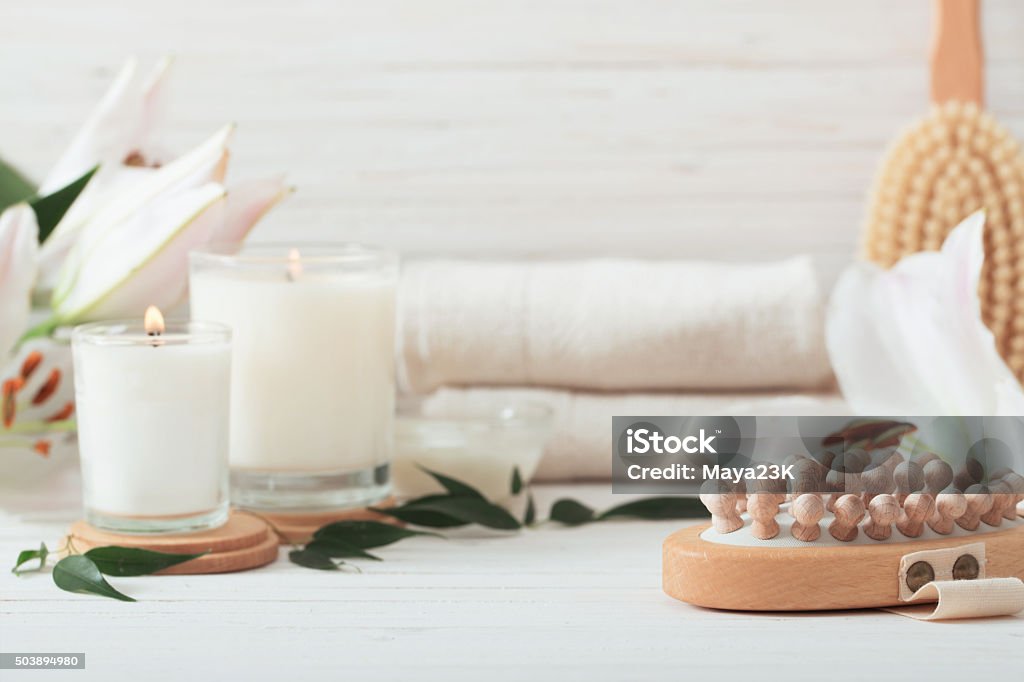 spa composition on white wooden background Backgrounds Stock Photo