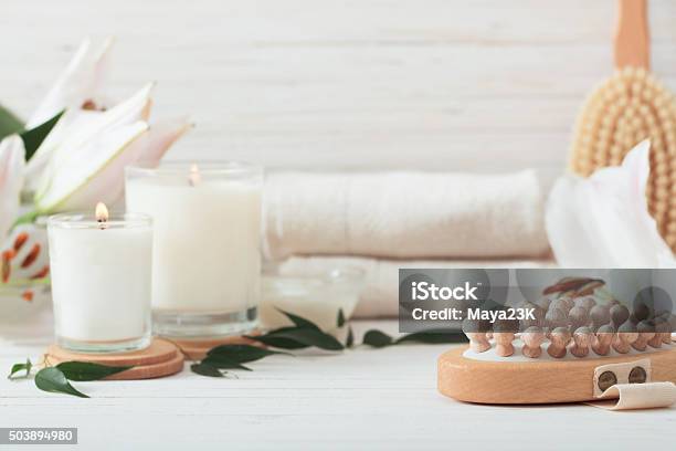 Spa Composition On White Wooden Background Stock Photo - Download Image Now - Backgrounds, Candle, Domestic Bathroom