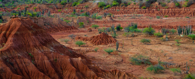 Big red sand stone hill in dry hot tatacoa desert with plants, huila, Colombia