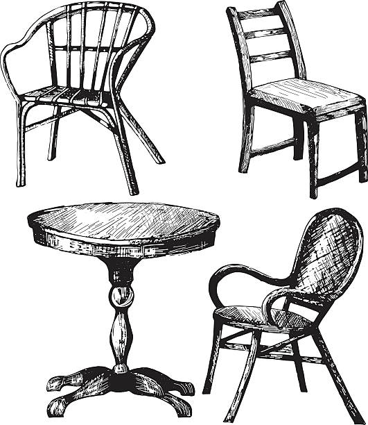 ilustraciones, imágenes clip art, dibujos animados e iconos de stock de conjunto de muebles. ilustración de dibujo a mano de mesa, silla, sillón - table chair white curve