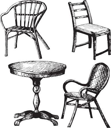 
Set of furniture. Hand drawn illustration of table, chair, armchair. Doodle, sketch style of furniture.
Interior objects 