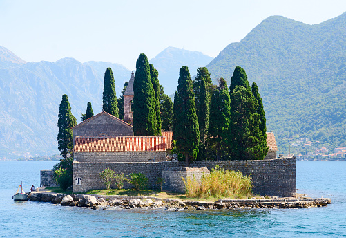 Perast, Montenegro - September 16, 2015: Beautiful view of the St. George Island (Island of the Dead), Bay of Kotor, Montenegro