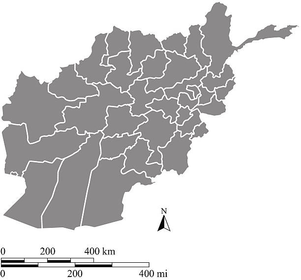 Afghanistan map outline vector with scales of miles and kilometers Afghanistan map vector outline with borders of provinces or states and scales of miles and kilometers. khost afghanistan stock illustrations