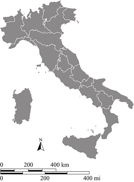Italy map outline vector with scales of miles and kilometers Italy map vector outline with borders of provinces or states and scales of miles and kilometers. amalfi coast map stock illustrations