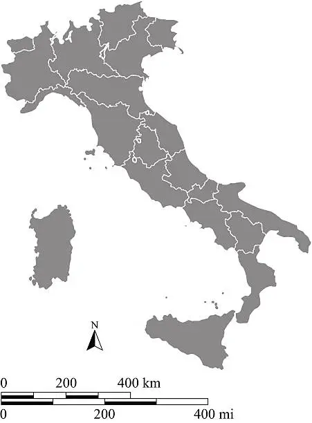 Vector illustration of Italy map outline vector with scales of miles and kilometers