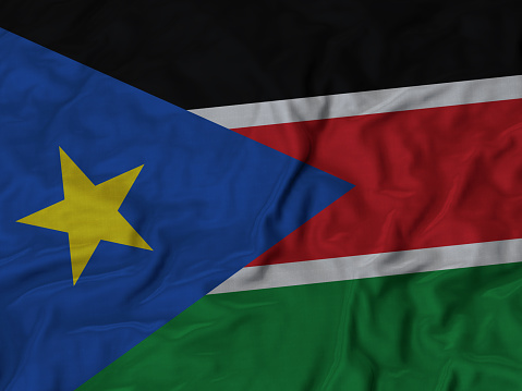Closeup of Ruffled South Sudan flag, Fabric Ruffled Flag Background.