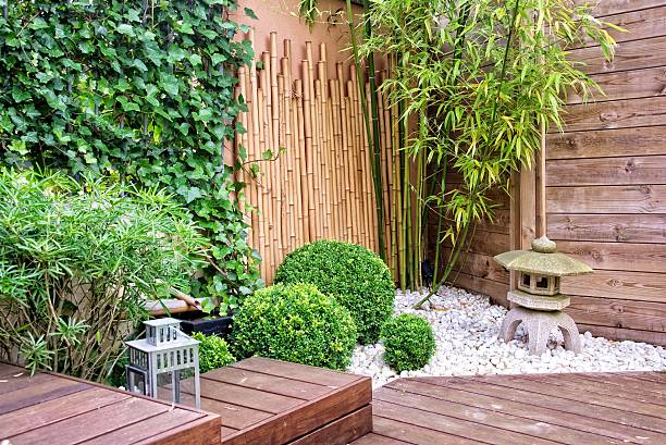 jardín japonés de piedra bamboos y linterna - bancal fotografías e imágenes de stock