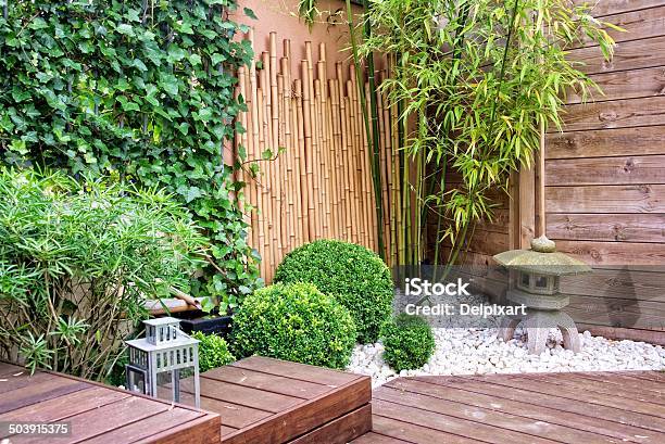 Japanese Garden With Bamboos And Stone Lantern Stock Photo - Download Image Now - Japanese Garden, Bamboo - Plant, Patio