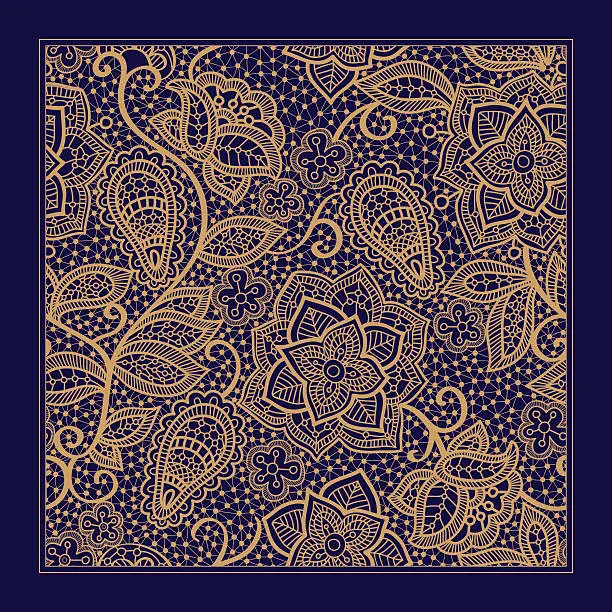 Vector illustration of Design for square pocket, shawl, textile. Paisley floral pattern