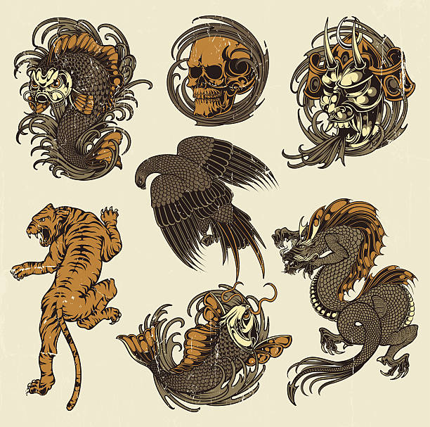 ilustrações, clipart, desenhos animados e ícones de desenhos japonês - animal skull illustrations