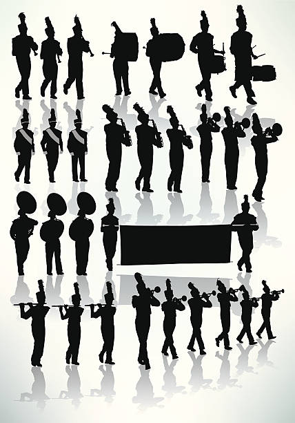 ilustraciones, imágenes clip art, dibujos animados e iconos de stock de banda-silueta - parade marching band trumpet musical instrument