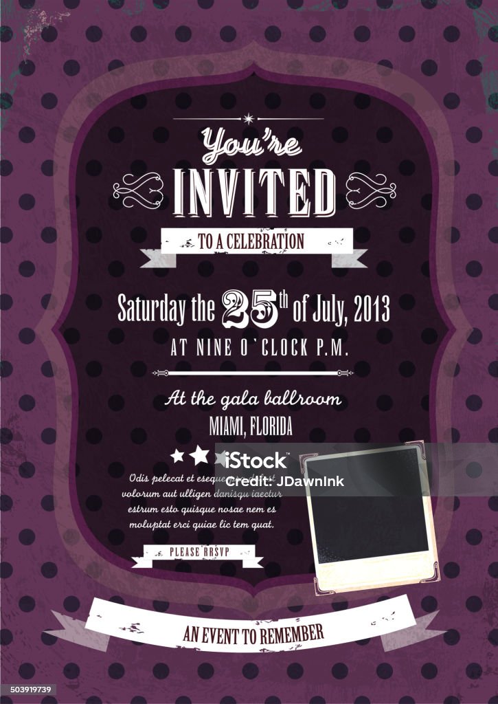 Retro vintage purple and mauve polka dot invitation design template Retro vintage invitation design template Black Color stock vector