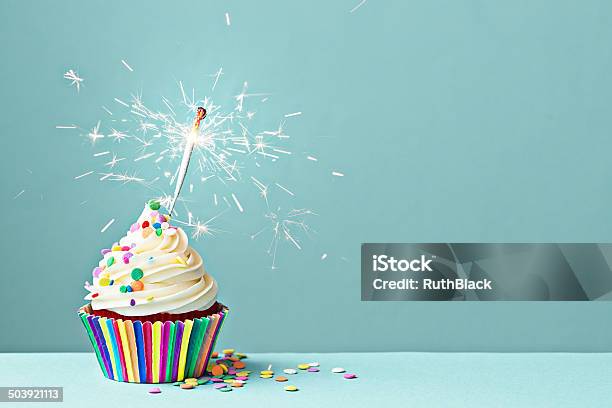 Celebration Cupcake With Sparkler Stock Photo - Download Image Now - Cupcake, Sparkler - Firework, Candle