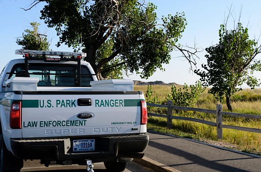 Wall, South Dakota, USA - September 5, 2011: A U.S. Park Ranger truck parked in Badlands National Park outside of Wall, South Dakota.