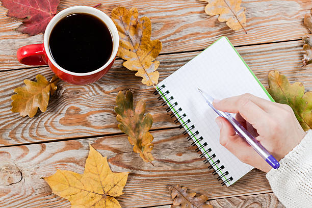 istock Coffee cup, notebook and autumn leaves 503923926