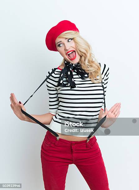 Cute Blonde French Woman Wearing Red Beret Stock Photo - Download Image Now - Adult, Adults Only, Arts Culture and Entertainment